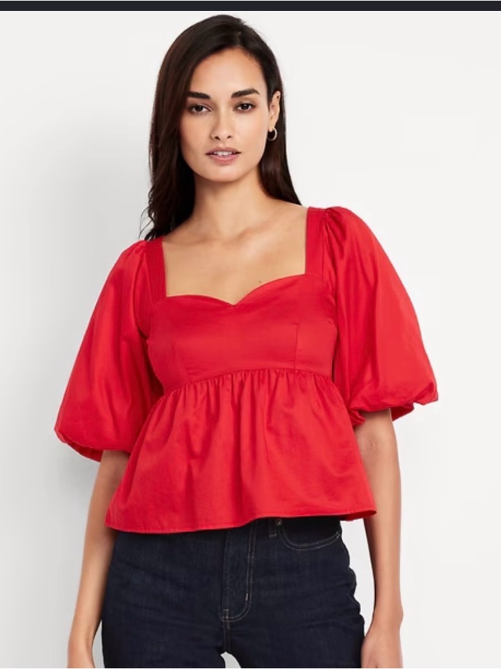Red Puff-Sleeve sweat heart neck women's top